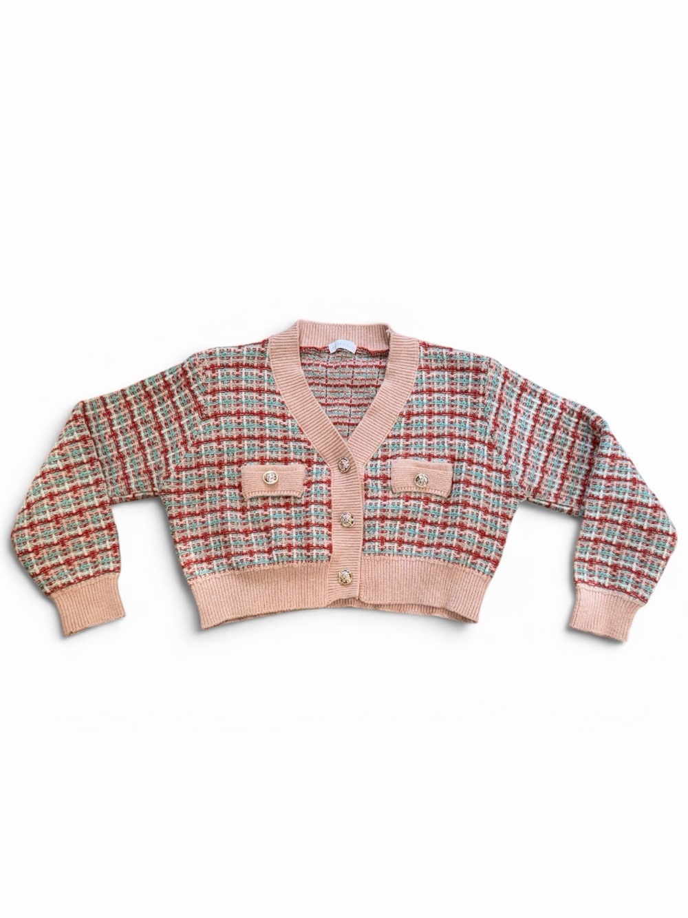 Cropped Pink Plaid Knit Cardigan with Decorative Buttons - Picture 1 of 9